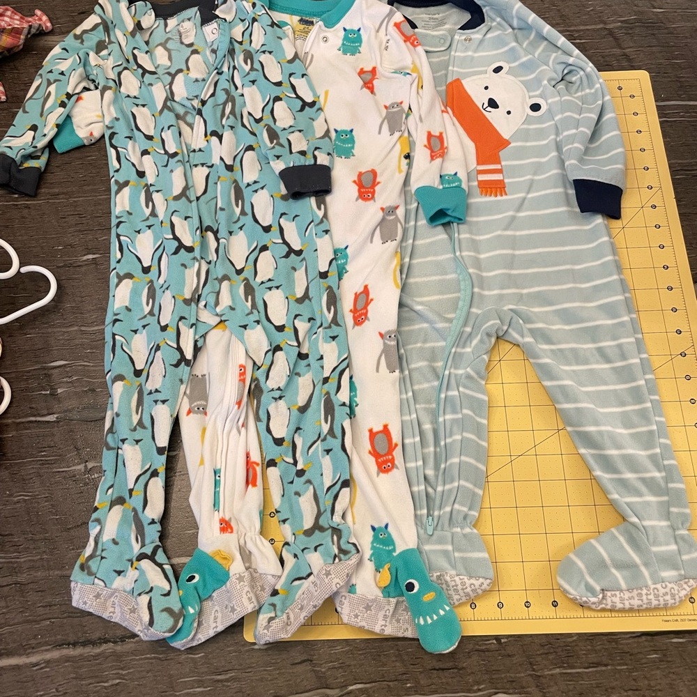 Carter's Kids Pajamas - Fleece Dual Zip, Blue Penguins, Monsters, and Bear